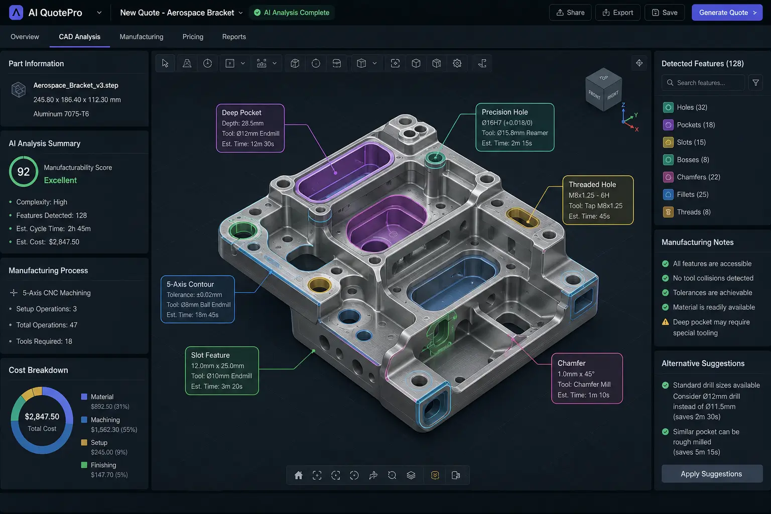 AI software analyzing 3D CAD model geometry for CNC machining cost estimation
